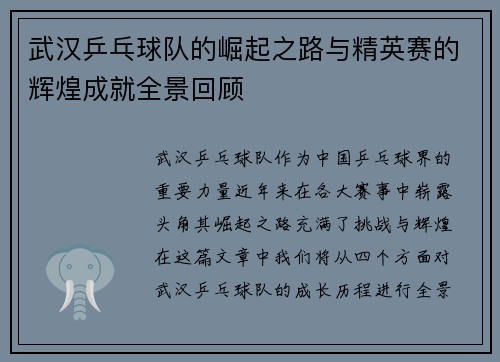 武汉乒乓球队的崛起之路与精英赛的辉煌成就全景回顾